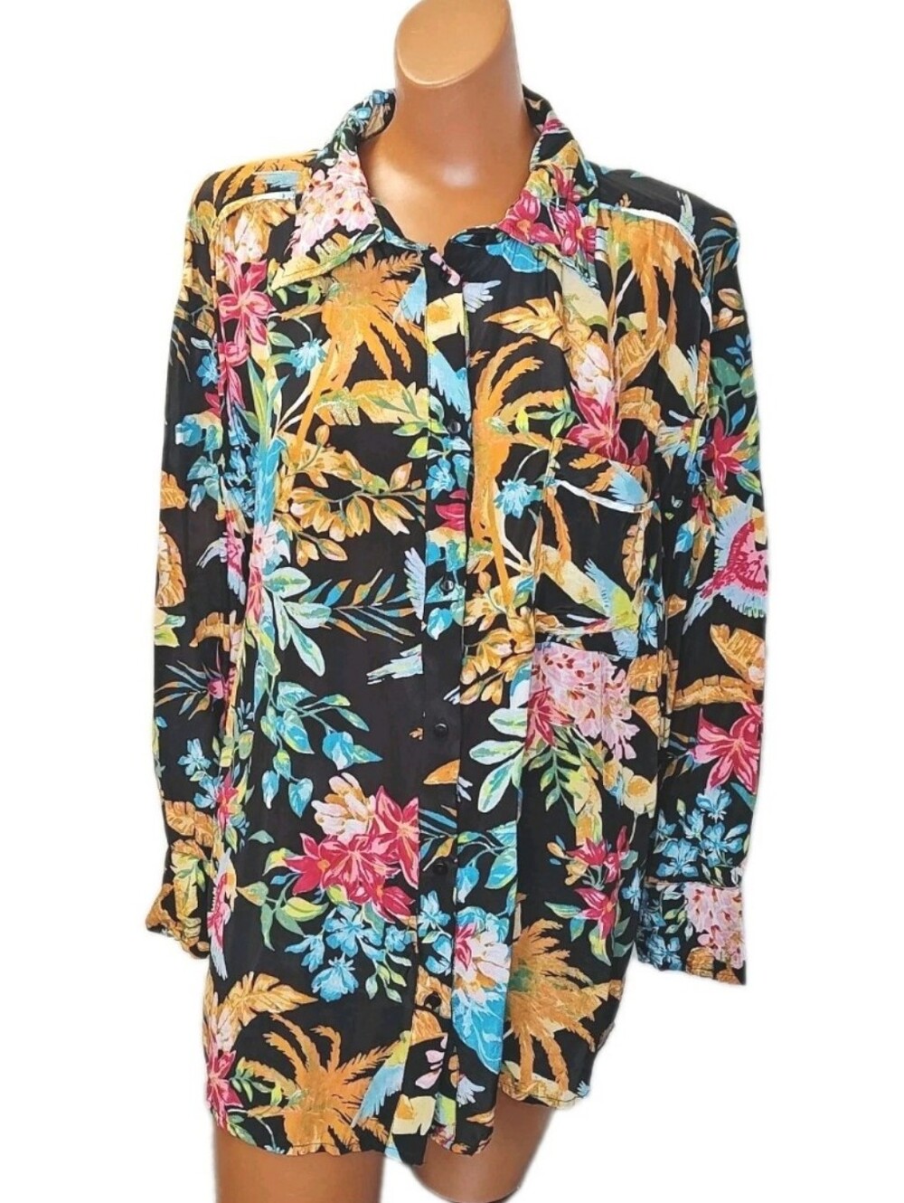 Elan Hawaiian Silky Blouse Woman Med Black Tropical Floral Bird Button Front L/S